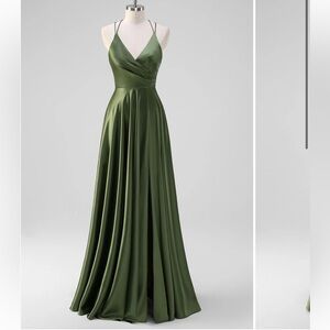 US10 WedTrend Olive A-Line Spaghetti Straps Ruched Satin Long Bridesmaid Dress
